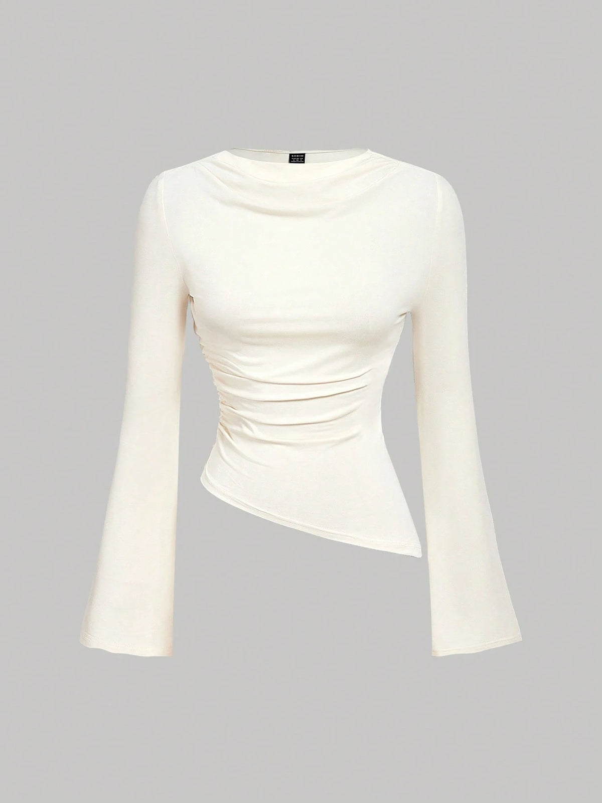 MOD 2pcs Soft Stretch Knit Solid Draped Neck Long Bell Sleeve Asymmetrical Hem Red And White Slim Fit Ruched Tops For Party Date Night Going Out Valentine's Day Spring Fall. Women's Wine Red & A