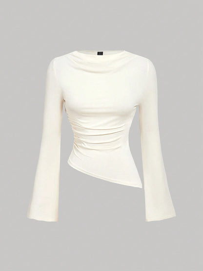 MOD 2pcs Soft Stretch Knit Solid Draped Neck Long Bell Sleeve Asymmetrical Hem Red And White Slim Fit Ruched Tops For Party Date Night Going Out Valentine's Day Spring Fall. Women's Wine Red & A