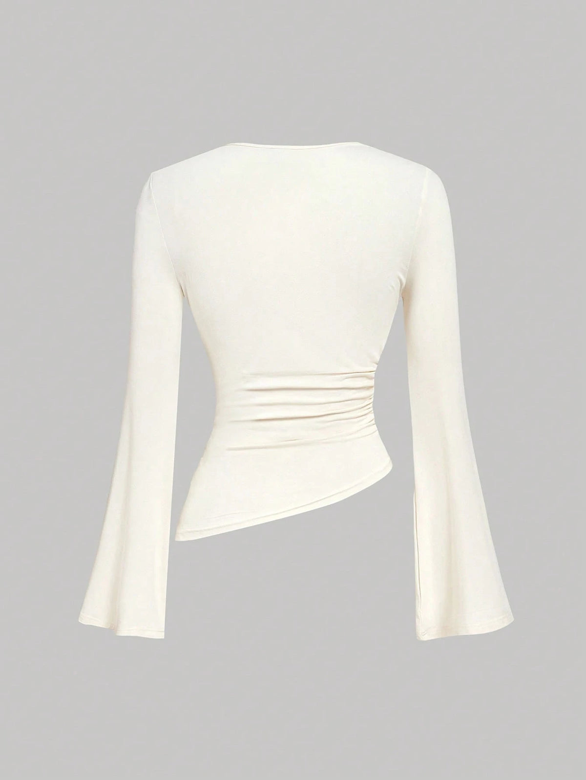 MOD 2pcs Soft Stretch Knit Solid Draped Neck Long Bell Sleeve Asymmetrical Hem Red And White Slim Fit Ruched Tops For Party Date Night Going Out Valentine's Day Spring Fall. Women's Wine Red & A