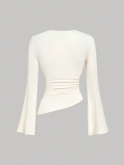 MOD 2pcs Soft Stretch Knit Solid Draped Neck Long Bell Sleeve Asymmetrical Hem Red And White Slim Fit Ruched Tops For Party Date Night Going Out Valentine's Day Spring Fall. Women's Wine Red & A