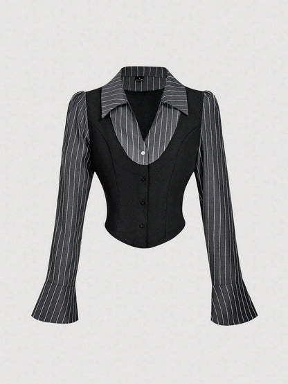 MOD Black & White 2 In 1 Flare Sleeve Collared Shirt,Black Top.Back To School.Campus