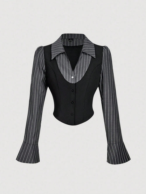MOD Black & White 2 In 1 Flare Sleeve Collared Shirt,Black Top.Back To School.Campus
