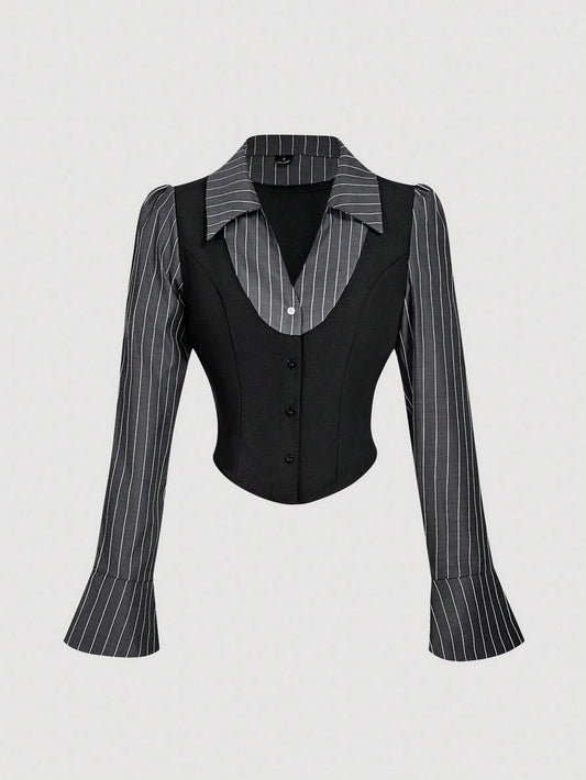 MOD Black & White 2 In 1 Flare Sleeve Collared Shirt,Black Top.Back To School.Campus