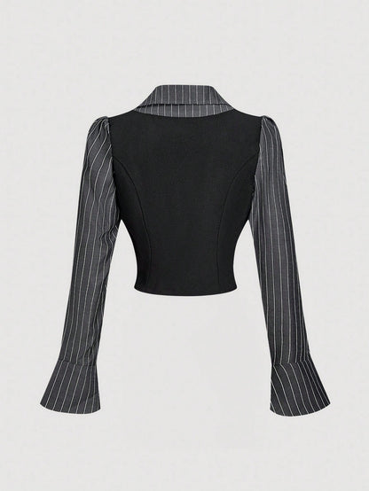 MOD Black & White 2 In 1 Flare Sleeve Collared Shirt,Black Top.Back To School.Campus