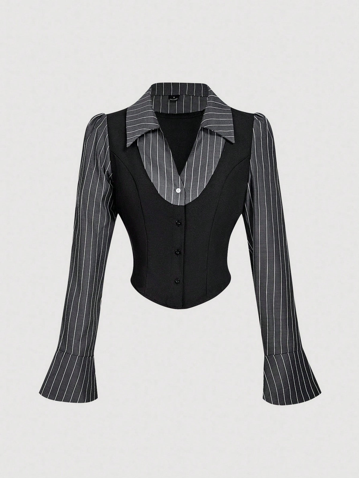 MOD Black & White 2 In 1 Flare Sleeve Collared Shirt,Black Top.Back To School.Campus