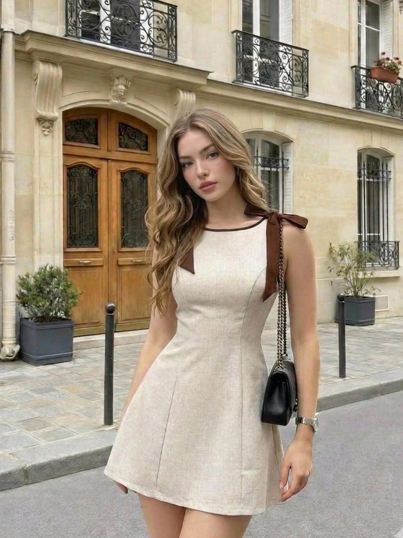 MOD Elegant Cute Brown Stripe Sleeveless Tie-Shoulder A-Line Mini Dress,Linen-Look Fit-And-Flare Silhouette With Chestnut Bows For Summer Date Night