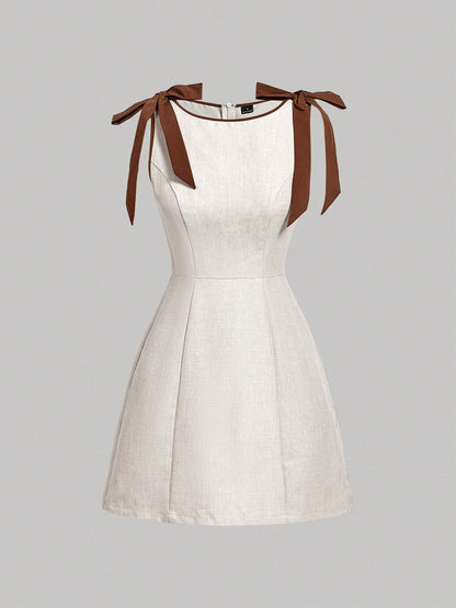 MOD Elegant Cute Brown Stripe Sleeveless Tie-Shoulder A-Line Mini Dress,Linen-Look Fit-And-Flare Silhouette With Chestnut Bows For Summer Date Night