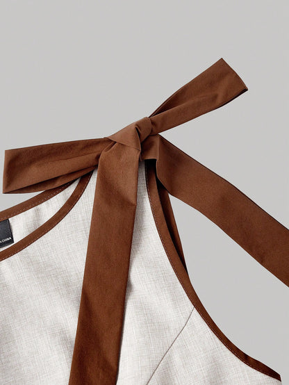 MOD Elegant Cute Brown Stripe Sleeveless Tie-Shoulder A-Line Mini Dress,Linen-Look Fit-And-Flare Silhouette With Chestnut Bows For Summer Date Night