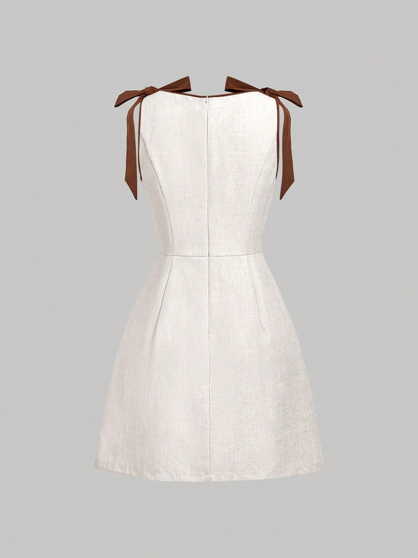 MOD Elegant Cute Brown Stripe Sleeveless Tie-Shoulder A-Line Mini Dress,Linen-Look Fit-And-Flare Silhouette With Chestnut Bows For Summer Date Night