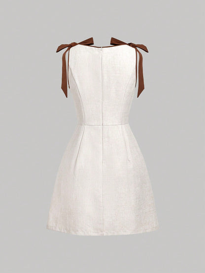 MOD Elegant Cute Brown Stripe Sleeveless Tie-Shoulder A-Line Mini Dress,Linen-Look Fit-And-Flare Silhouette With Chestnut Bows For Summer Date Night