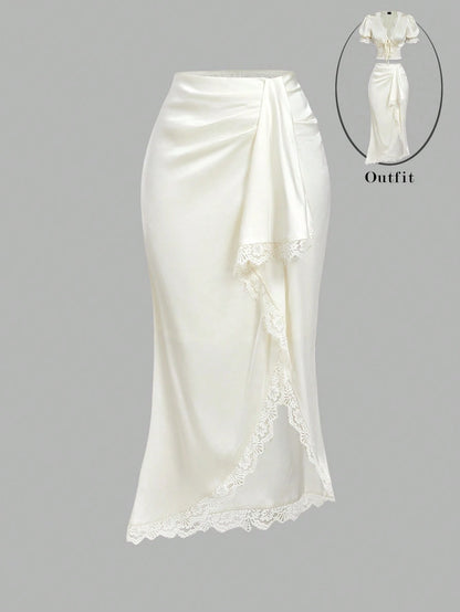MOD Elegant Romantic Lace Patchwork Asymmetric Hem Knotted Waist Mermaid Skirt For Women