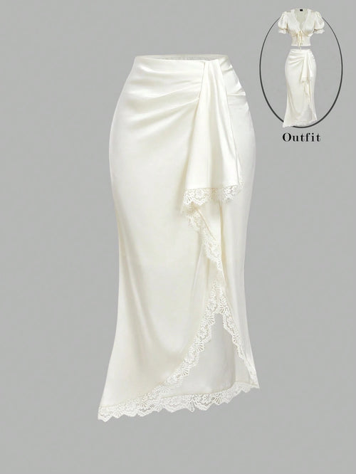 MOD Elegant Romantic Lace Patchwork Asymmetric Hem Knotted Waist Mermaid Skirt For Women