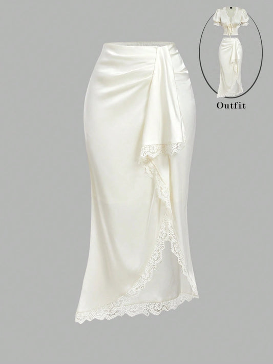 MOD Elegant Romantic Lace Patchwork Asymmetric Hem Knotted Waist Mermaid Skirt For Women