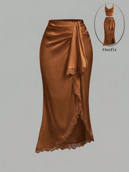 MOD Elegant Romantic Lace Patchwork Asymmetric Hem Knotted Waist Mermaid Skirt For Women