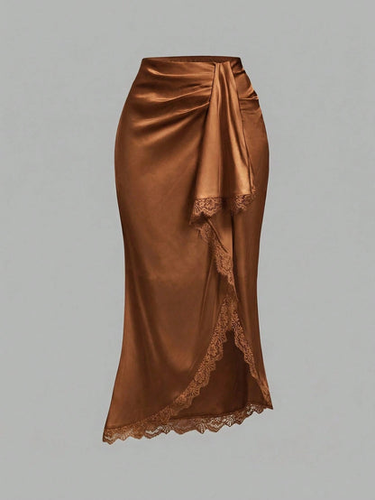 MOD Elegant Romantic Lace Patchwork Asymmetric Hem Knotted Waist Mermaid Skirt For Women