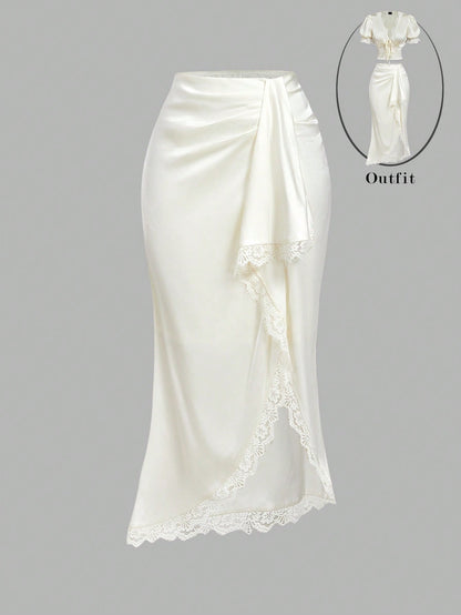 MOD Elegant Romantic Lace Patchwork Asymmetric Hem Knotted Waist Mermaid Skirt For Women