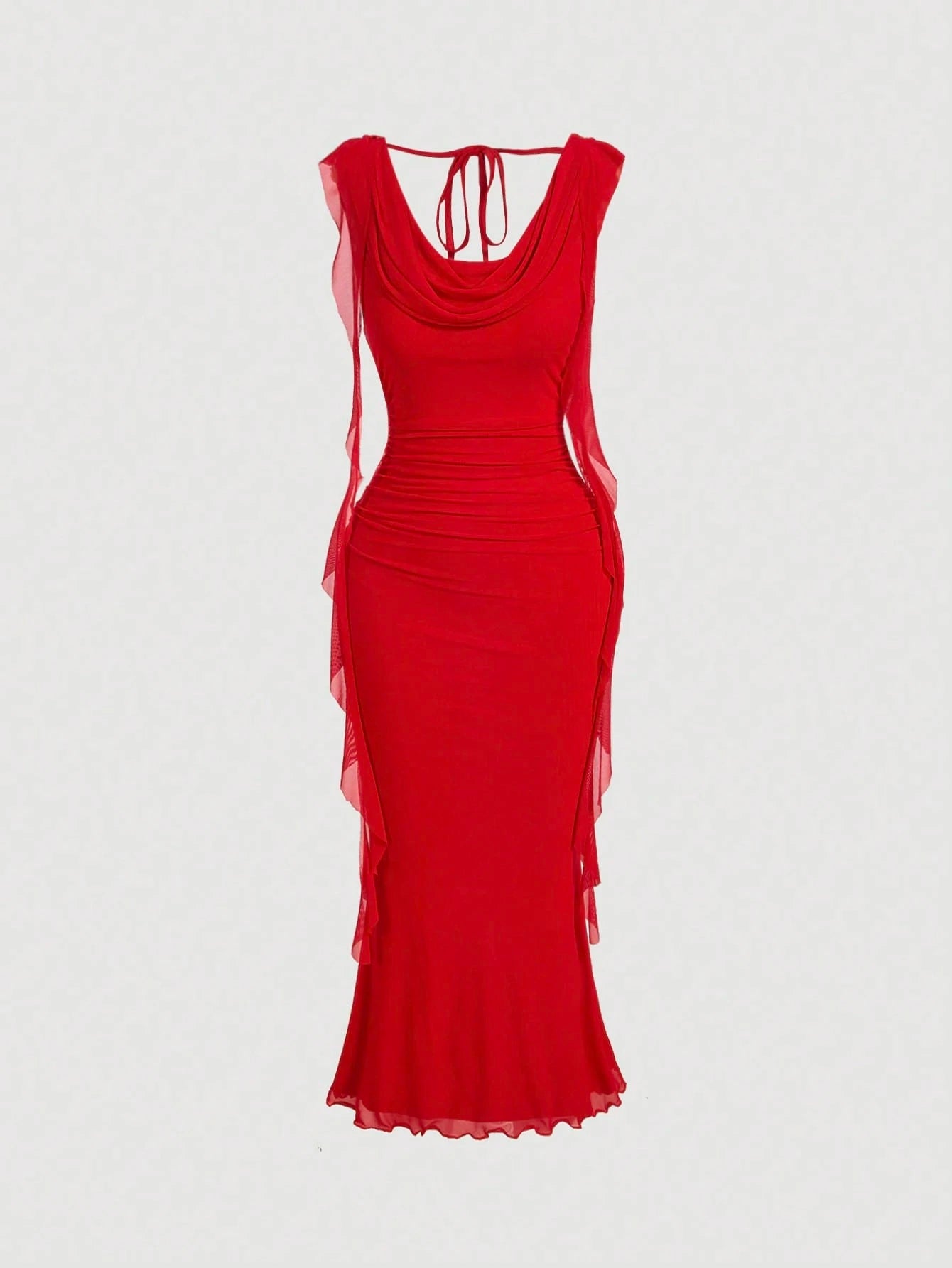 MOD Elegant Sexy Red Summer Party Night Out Date Night Dress For Women,Cowl Neck Ruched Bodycon Gown,Sleeveless Mesh Panel Chiffon Midi Dress,Wedding