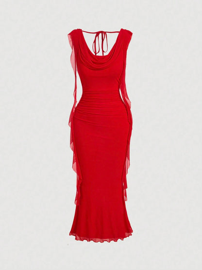 MOD Elegant Sexy Red Summer Party Night Out Date Night Dress For Women,Cowl Neck Ruched Bodycon Gown,Sleeveless Mesh Panel Chiffon Midi Dress,Wedding
