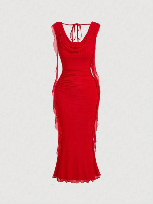 MOD Elegant Sexy Red Summer Party Night Out Date Night Dress For Women,Cowl Neck Ruched Bodycon Gown,Sleeveless Mesh Panel Chiffon Midi Dress,Wedding