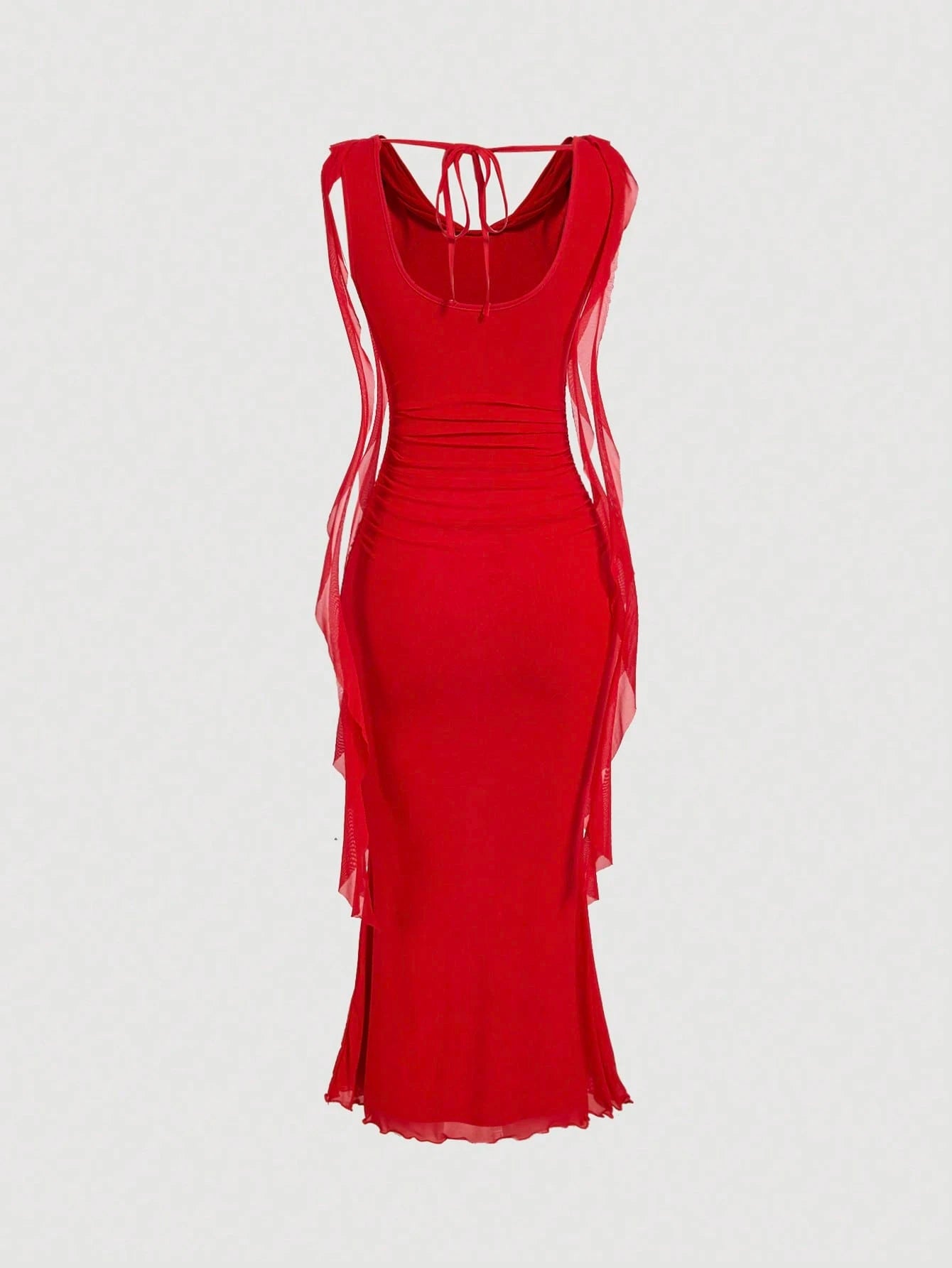 MOD Elegant Sexy Red Summer Party Night Out Date Night Dress For Women,Cowl Neck Ruched Bodycon Gown,Sleeveless Mesh Panel Chiffon Midi Dress,Wedding