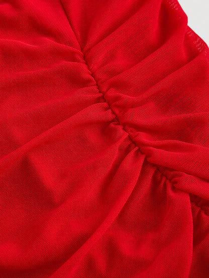 MOD Elegant Sexy Red Summer Party Night Out Date Night Dress For Women,Cowl Neck Ruched Bodycon Gown,Sleeveless Mesh Panel Chiffon Midi Dress,Wedding