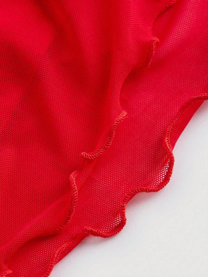 MOD Elegant Sexy Red Summer Party Night Out Date Night Dress For Women,Cowl Neck Ruched Bodycon Gown,Sleeveless Mesh Panel Chiffon Midi Dress,Wedding