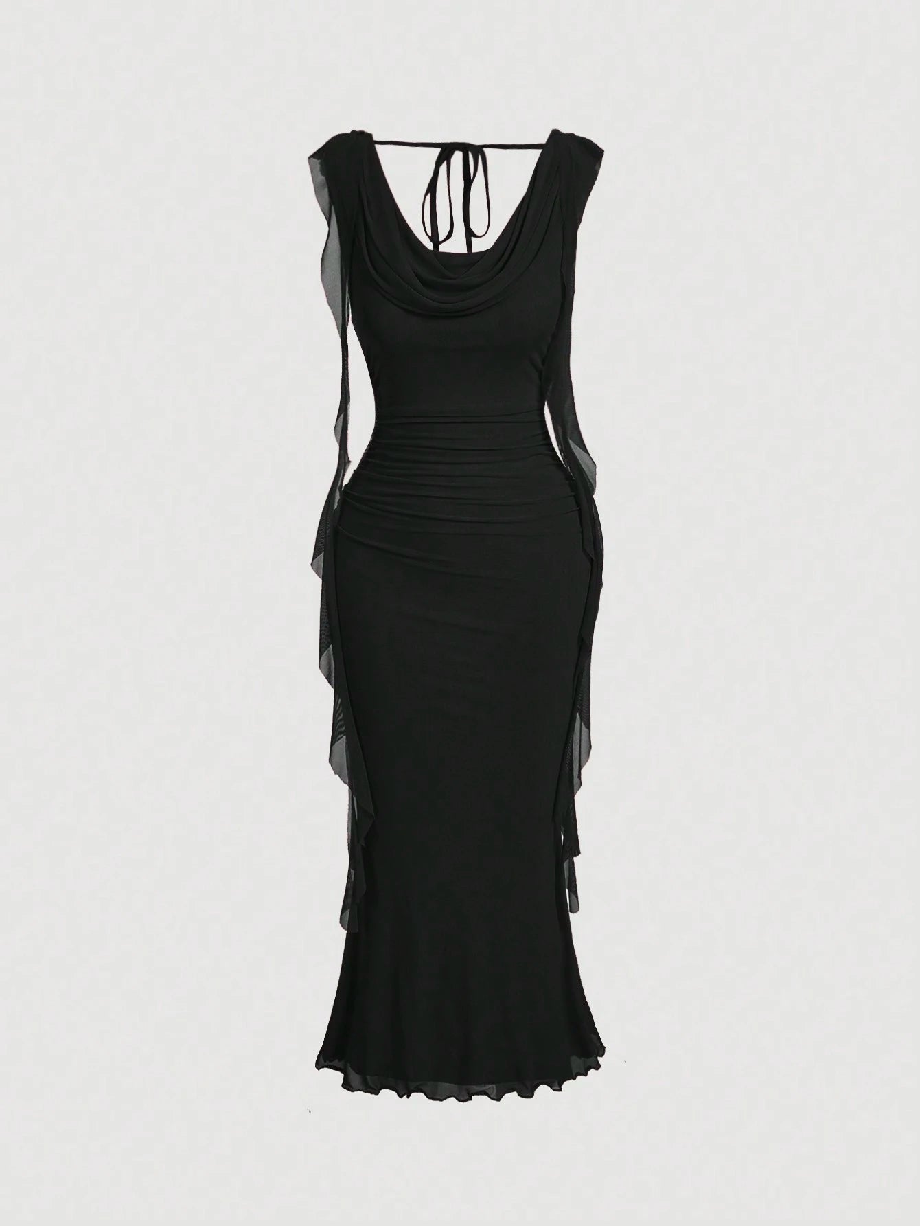 MOD Elegant Sexy Red Summer Party Night Out Date Night Dress For Women,Cowl Neck Ruched Bodycon Gown,Sleeveless Mesh Panel Chiffon Midi Dress,Wedding