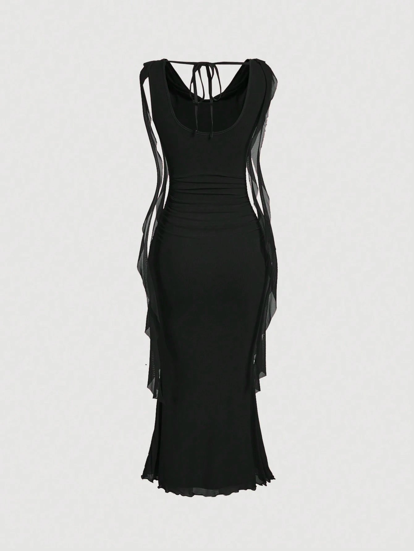 MOD Elegant Sexy Red Summer Party Night Out Date Night Dress For Women,Cowl Neck Ruched Bodycon Gown,Sleeveless Mesh Panel Chiffon Midi Dress,Wedding