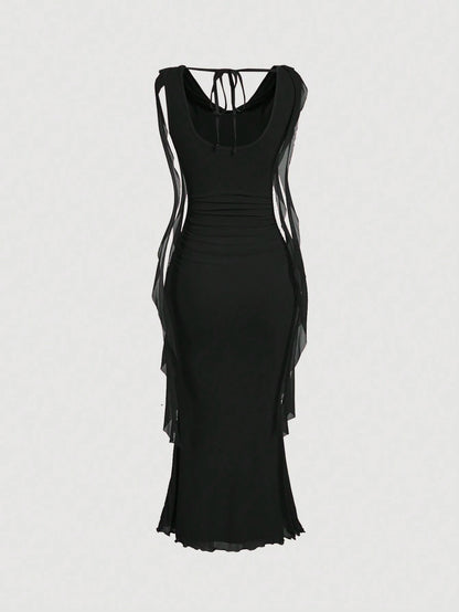 MOD Elegant Sexy Red Summer Party Night Out Date Night Dress For Women,Cowl Neck Ruched Bodycon Gown,Sleeveless Mesh Panel Chiffon Midi Dress,Wedding