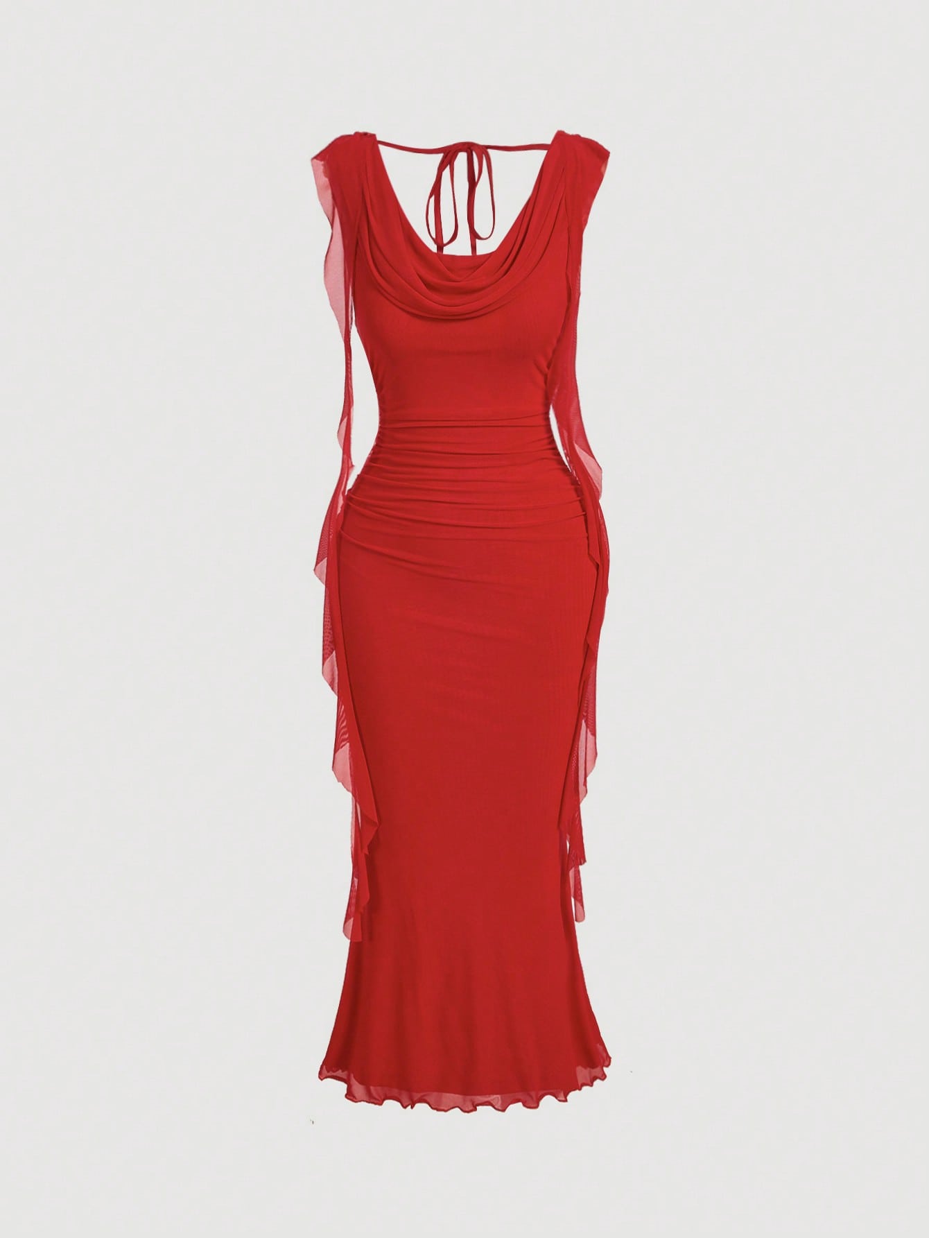 MOD Elegant Sexy Red Summer Party Night Out Date Night Dress For Women,Cowl Neck Ruched Bodycon Gown,Sleeveless Mesh Panel Chiffon Midi Dress,Wedding
