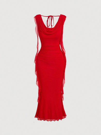 MOD Elegant Sexy Red Summer Party Night Out Date Night Dress For Women,Cowl Neck Ruched Bodycon Gown,Sleeveless Mesh Panel Chiffon Midi Dress,Wedding