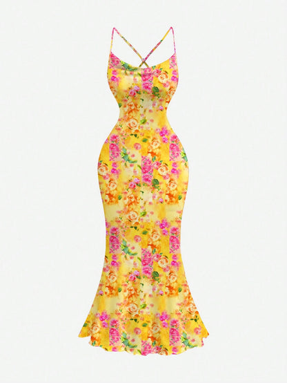 MOD Floral Print Plunge Neck Backless Dress, Orange Floral, Summer, Tropical, Holiday, Vacation, Boho Chic Sexy Summer Dresses For Women, Garden Party
