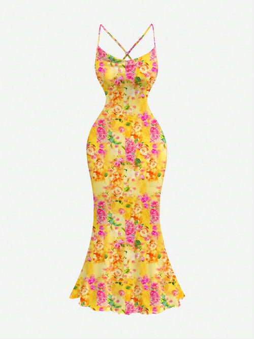 MOD Floral Print Plunge Neck Backless Dress, Orange Floral, Summer, Tropical, Holiday, Vacation, Boho Chic Sexy Summer Dresses For Women, Garden Party