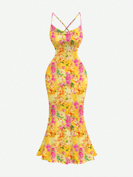 MOD Floral Print Plunge Neck Backless Dress, Orange Floral, Summer, Tropical, Holiday, Vacation, Boho Chic Sexy Summer Dresses For Women, Garden Party