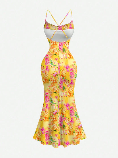 MOD Floral Print Plunge Neck Backless Dress, Orange Floral, Summer, Tropical, Holiday, Vacation, Boho Chic Sexy Summer Dresses For Women, Garden Party