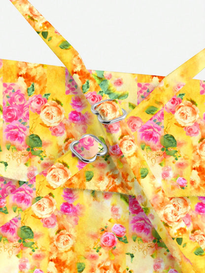 MOD Floral Print Plunge Neck Backless Dress, Orange Floral, Summer, Tropical, Holiday, Vacation, Boho Chic Sexy Summer Dresses For Women, Garden Party