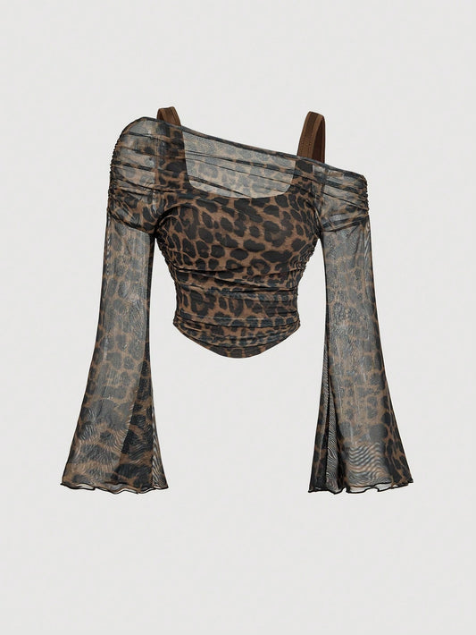 MOD Leopard Print Off-Shoulder Mesh 2in1 Trumpet Sleeve Long Sleeve Women's Top Off Shoulder Mesh See Through Tops Cheetah Print Tops