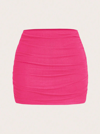 MOD Mesh Double-Layer See-Through Bodycon Skirt, Solid Color