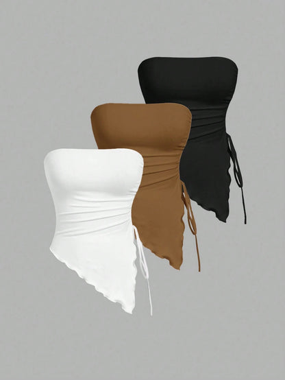 MOD Multi-Piece Bustier Top With Side Tied Waist Pleats,Retro Printed Tube Top, Autumn Top,, Going Out Top,Brown Tank Top