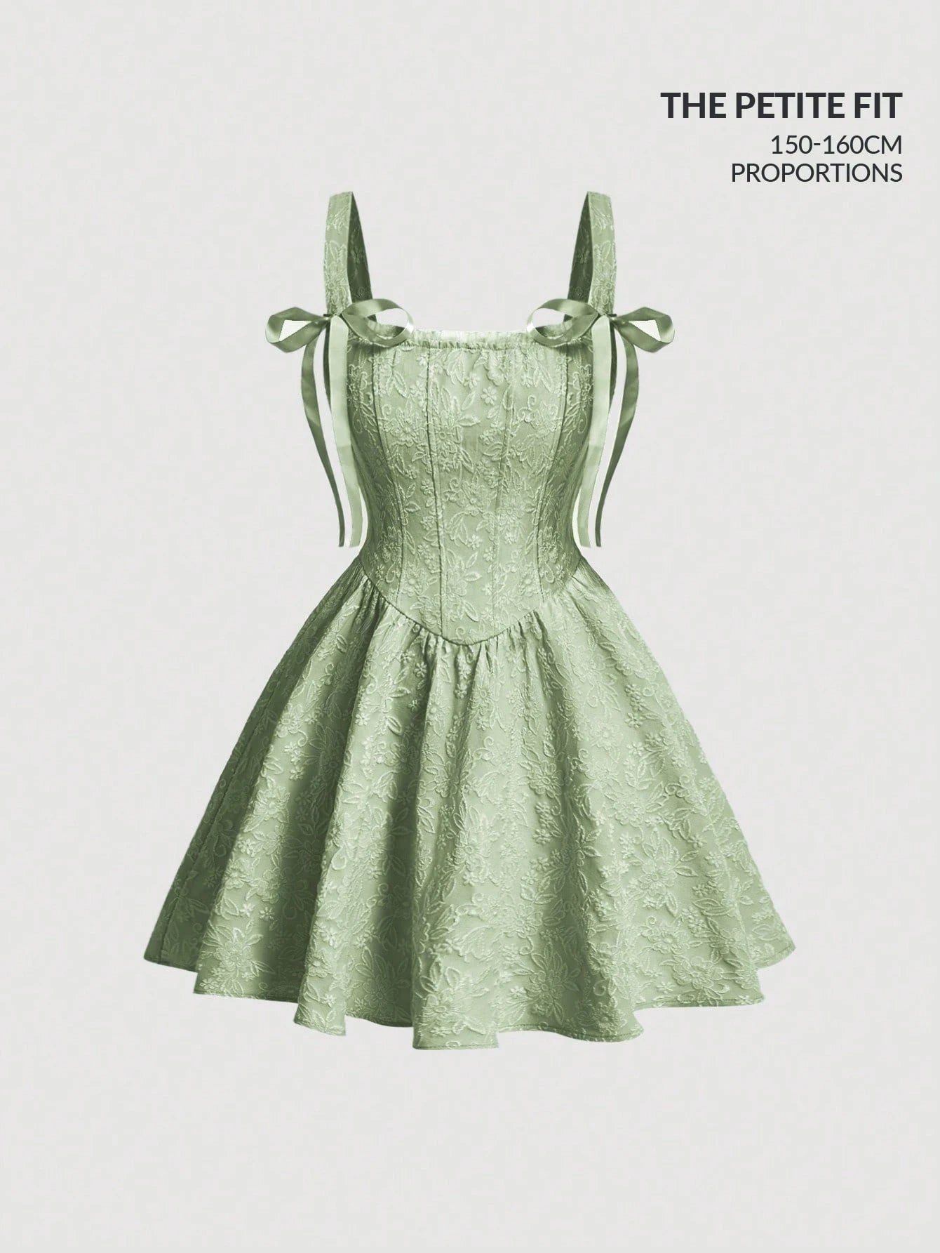 MOD Petite Women's Sage Green Jacquard Bow Decor Chic Mini Dress,Summer Cottage Core Tea Party Outfit,Designed For Petites 150-160cm,Elegant Wedding Guest Dress