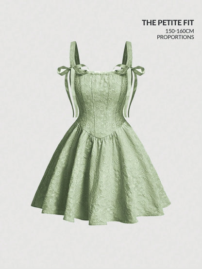 MOD Petite Women's Sage Green Jacquard Bow Decor Chic Mini Dress,Summer Cottage Core Tea Party Outfit,Designed For Petites 150-160cm,Elegant Wedding Guest Dress