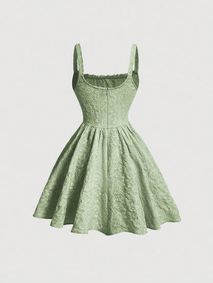 MOD Petite Women's Sage Green Jacquard Bow Decor Chic Mini Dress,Summer Cottage Core Tea Party Outfit,Designed For Petites 150-160cm,Elegant Wedding Guest Dress