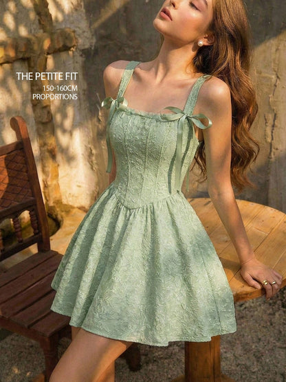 MOD Petite Women's Sage Green Jacquard Bow Decor Chic Mini Dress,Summer Cottage Core Tea Party Outfit,Designed For Petites 150-160cm,Elegant Wedding Guest Dress