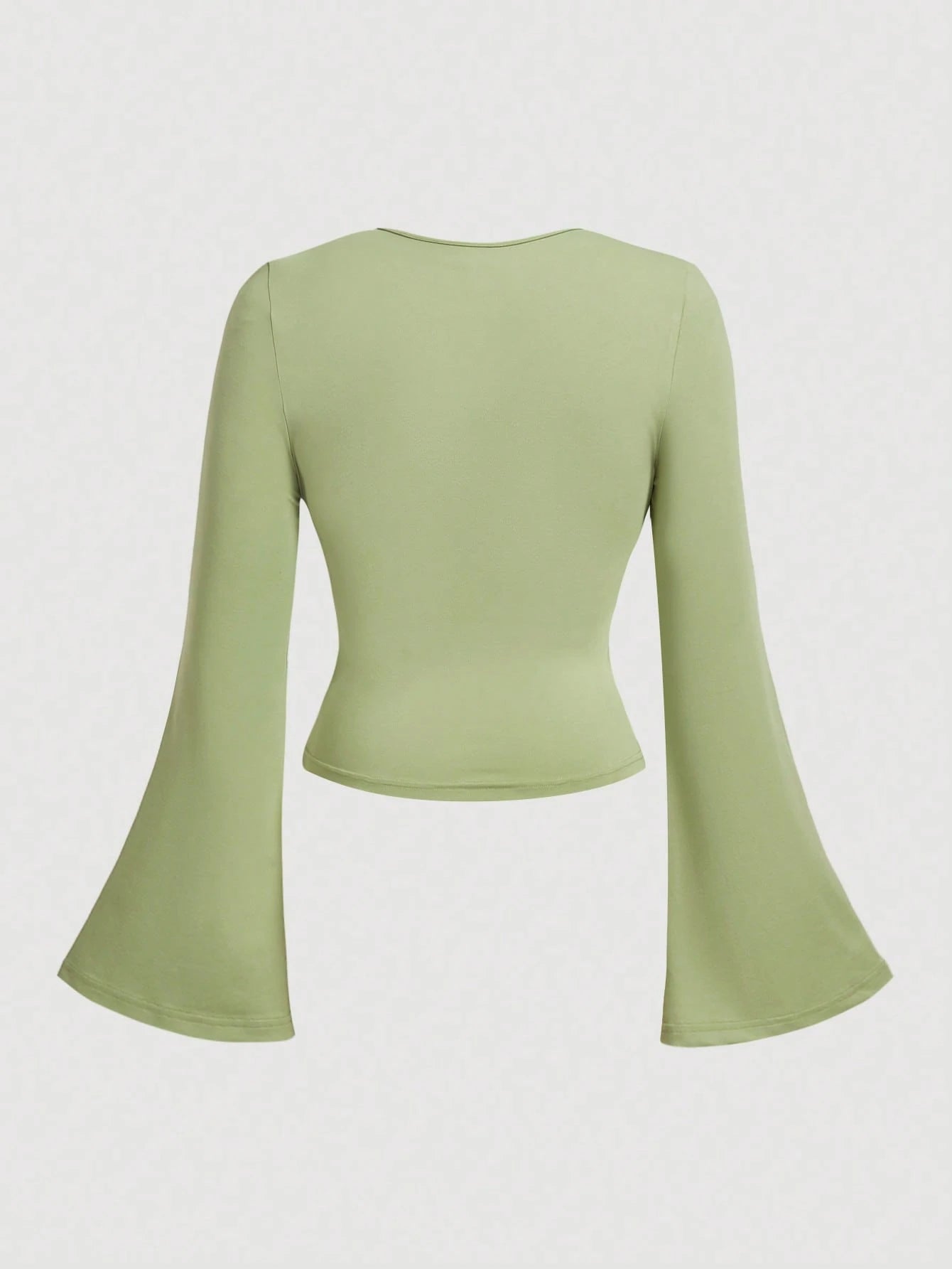 MOD Plus Size Autumn V-Neck Lace Trim Bell Sleeve Cropped Fitted T-Shirt, Spring/Summer, Sweet Girl Style, Casual Daily Commute