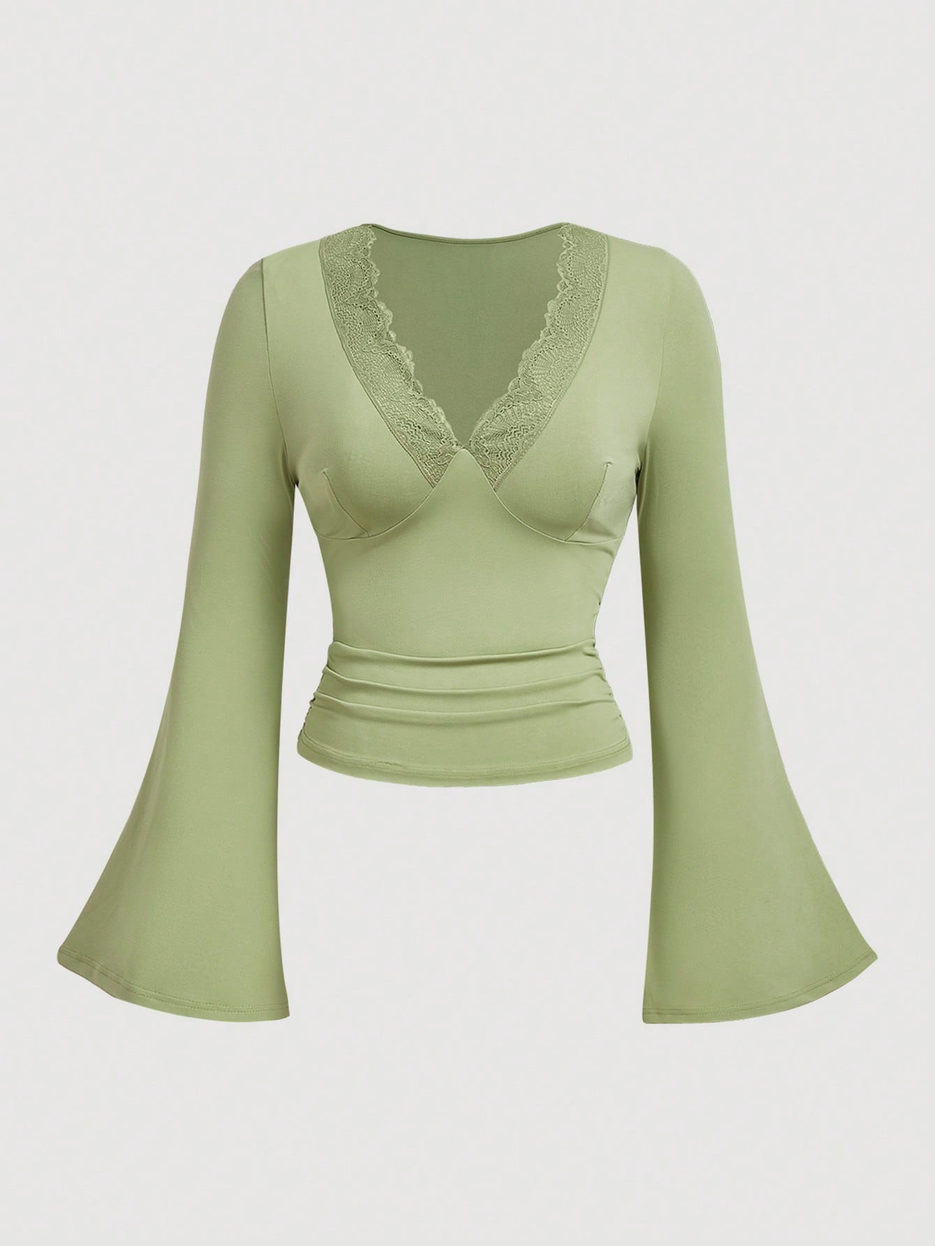MOD Plus Size Autumn V-Neck Lace Trim Bell Sleeve Cropped Fitted T-Shirt, Spring/Summer, Sweet Girl Style, Casual Daily Commute