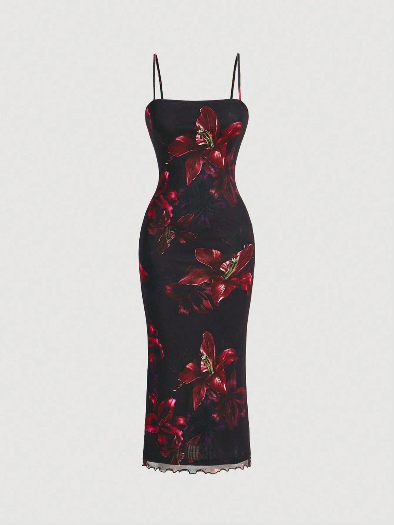 MOD Red Floral Print Mesh Slip Dress, Black And Red Elegant Sexy Summer Party Birthday Outfits, Women's Cruise Prom Wedding Guest Night Dinner Beach Curve