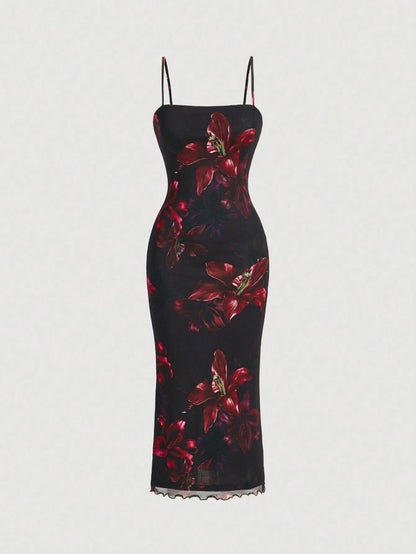 MOD Red Floral Print Mesh Slip Dress, Black And Red Elegant Sexy Summer Party Birthday Outfits, Women's Cruise Prom Wedding Guest Night Dinner Beach Curve
