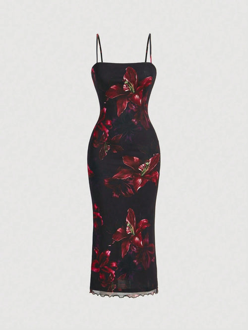 MOD Red Floral Print Mesh Slip Dress, Black And Red Elegant Sexy Summer Party Birthday Outfits, Women's Cruise Prom Wedding Guest Night Dinner Beach Curve