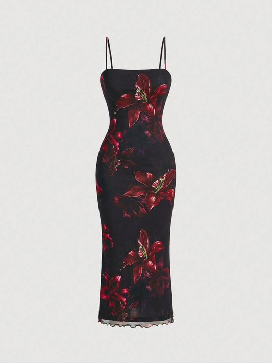 MOD Red Floral Print Mesh Slip Dress, Black And Red Elegant Sexy Summer Party Birthday Outfits, Women's Cruise Prom Wedding Guest Night Dinner Beach Curve