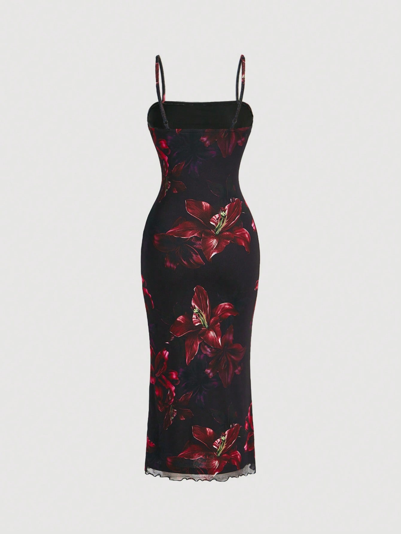 MOD Red Floral Print Mesh Slip Dress, Black And Red Elegant Sexy Summer Party Birthday Outfits, Women's Cruise Prom Wedding Guest Night Dinner Beach Curve